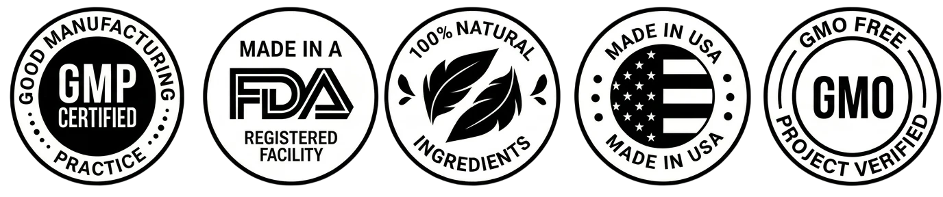 Quality seals — Non-GMO, Made in USA, GMP Certified